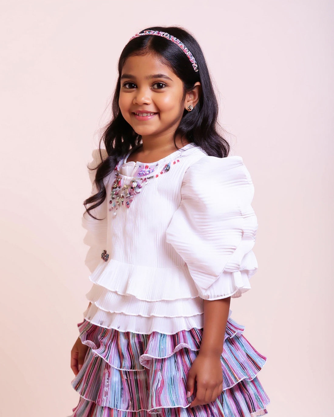 Girls' Ruffled Top and Tiered Western Wea Set with Embellished Neckline - Multi