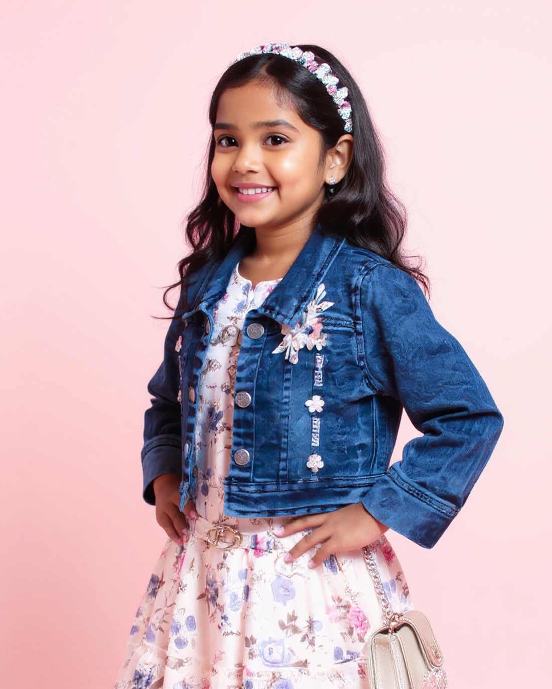 Girls' Floral Print A-Line Western Wear Dress with Denim Jacket - Multi
