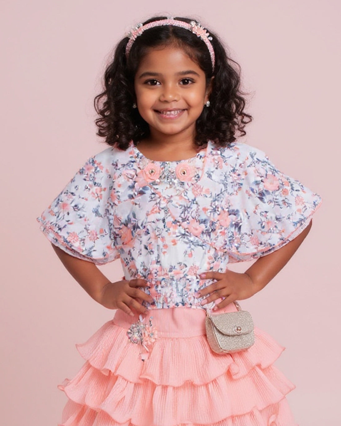 Girls' Ruffled Skirt and Floral Top Set with Embellished  - Peach