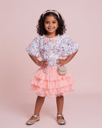Girls' Ruffled Skirt and Floral Top Set with Embellished - Peach