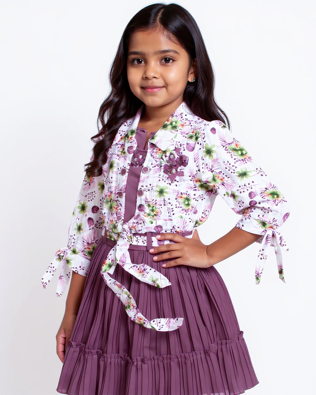Girls' Floral Print Collared Top with Tiered Skirt & Leggings Set - Pink