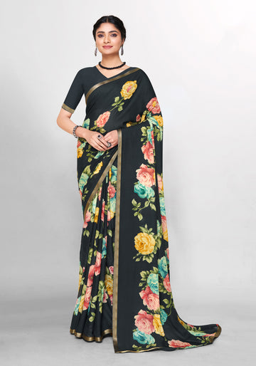 Elegant Floral Print Chiffon Saree - Black
