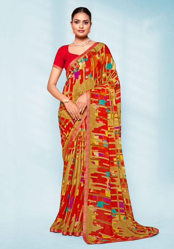 Printed Chiffon Saree with Geometric Design -  Red