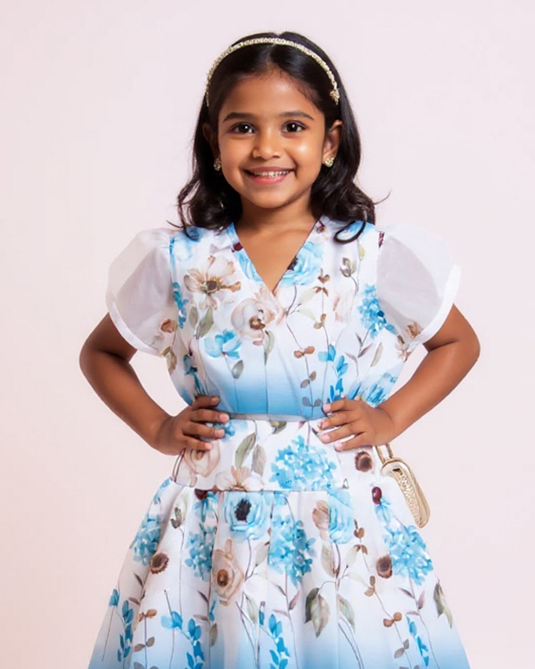 Floral Print Kids' Western Wear Set with Pleated Skirt - White