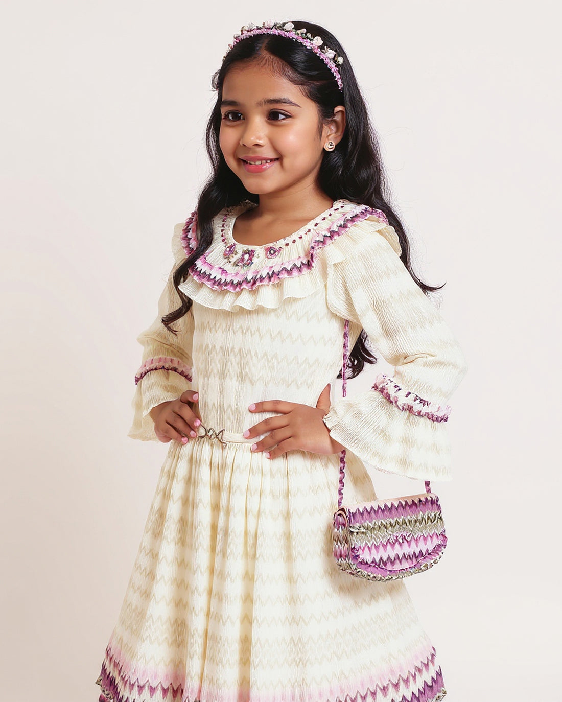 Girls' Tiered Ruffle Western Wear Dress with Embroidered Yoke & Bell Sleeves  - Cream