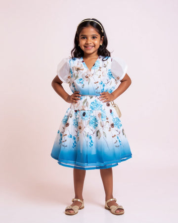 Floral Print Kids' Western Wear Set with Pleated Skirt - White