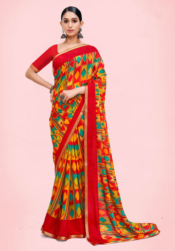 Fancy Printed Chiffon Saree -  Red
