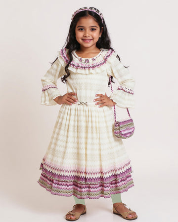 Girls' Tiered Ruffle Western Wear Dress with Embroidered Yoke & Bell Sleeves - Cream