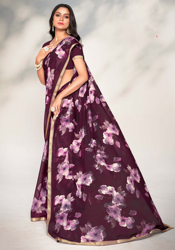 Elegant Floral Print Chiffon Saree -  Purple