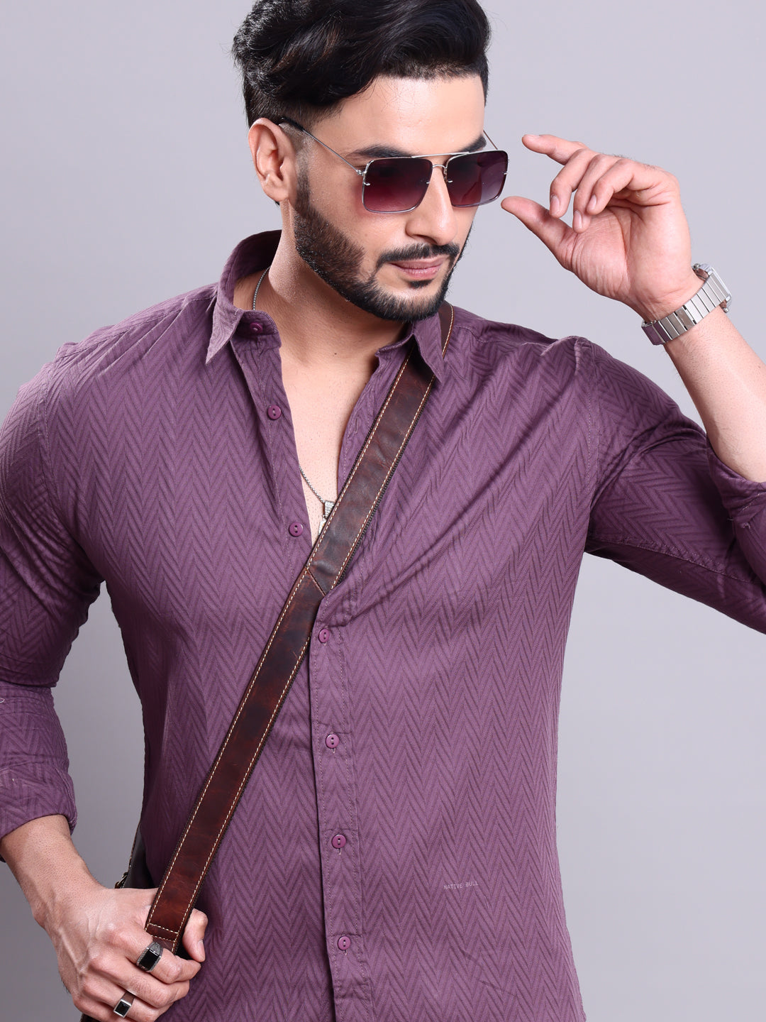 Nativebull Men's Herringbone Pattern Regular Fit Casual Shirt with Spread Collar and Full Sleeves  - Purple