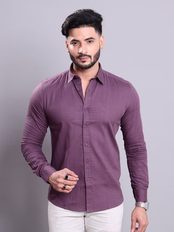 Nativebull Men's Herringbone Pattern Regular Fit Casual Shirt with Spread Collar and Full Sleeves - Purple
