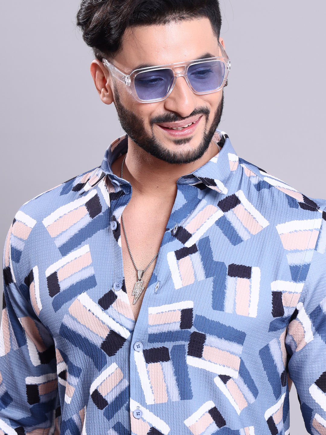 Nativebull Men's Printed Casual Shirt with Abstract Geometric Pattern - Blue