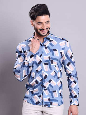 Nativebull Men's Printed Casual Shirt with Abstract Geometric Pattern - Blue