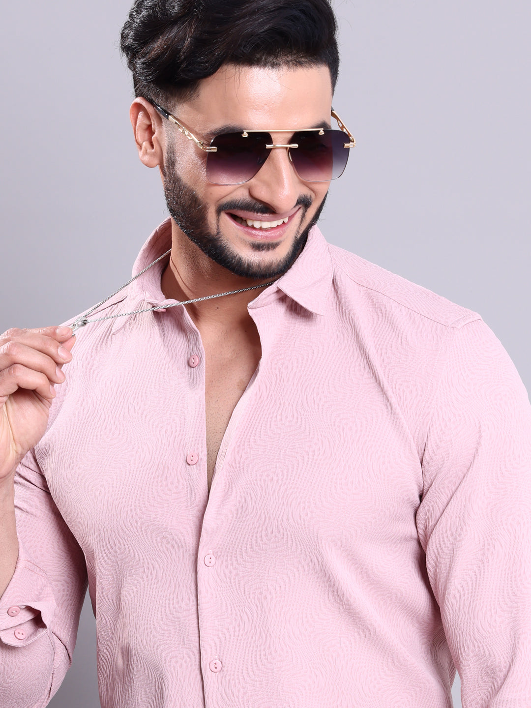 Nativebull Men's Textured Casual Shirt with Full Sleeves and Spread Collar - Pink