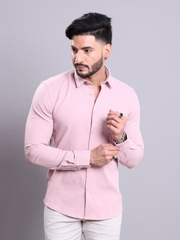 Nativebull Men's Textured Casual Shirt with Full Sleeves and Spread Collar - Pink