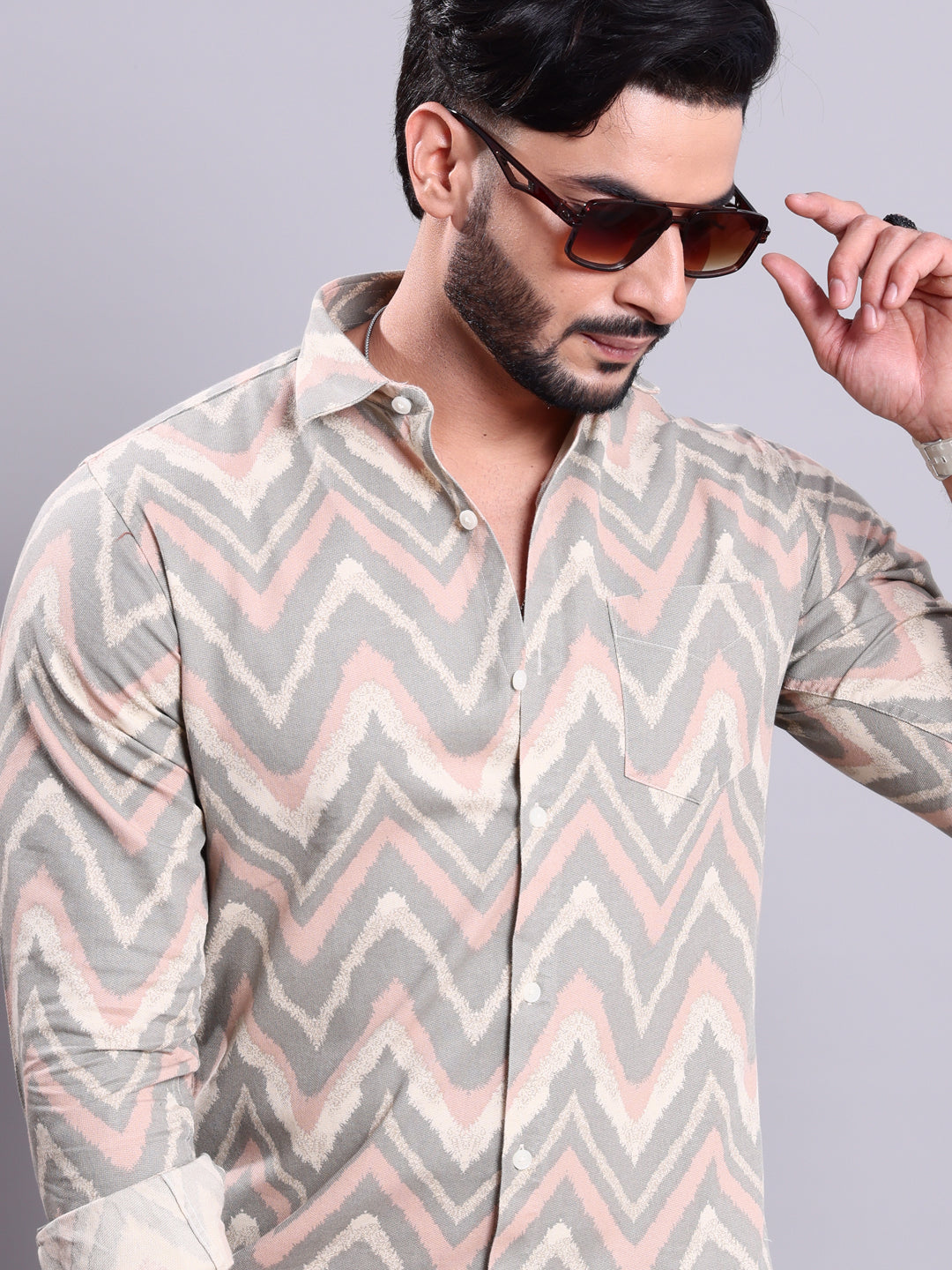 Rocx Men's Printed Casual Full Sleeve Shirt with Chevron Pattern - Multi