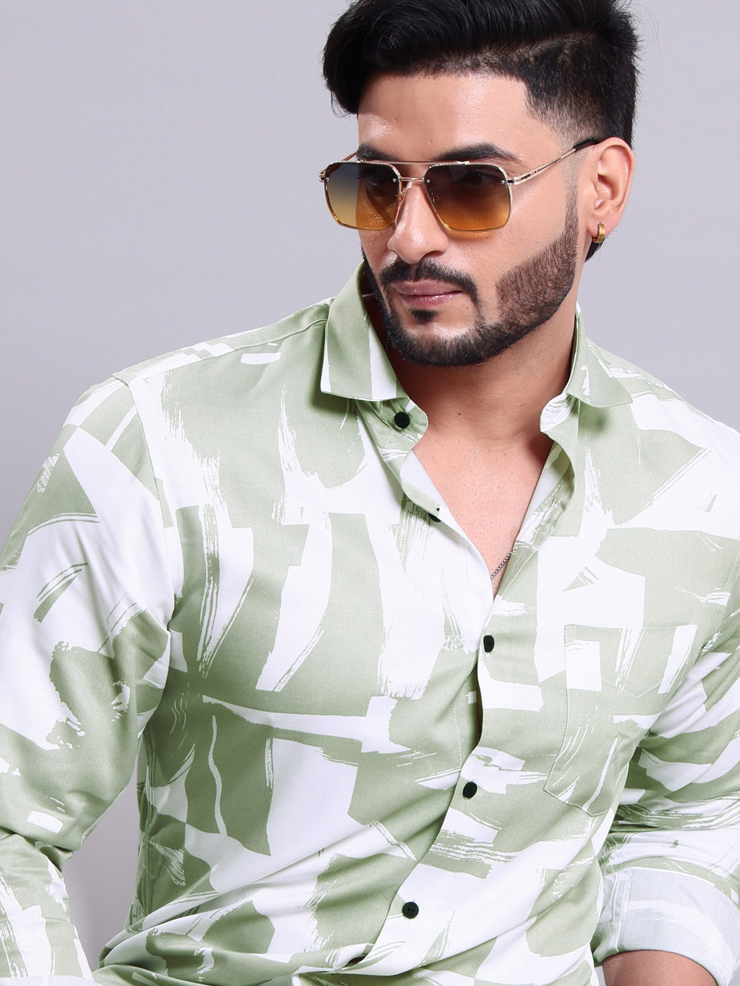 Rocx Men's Abstract Printed Slim Fit Full Sleeve Casual Shirt - Green