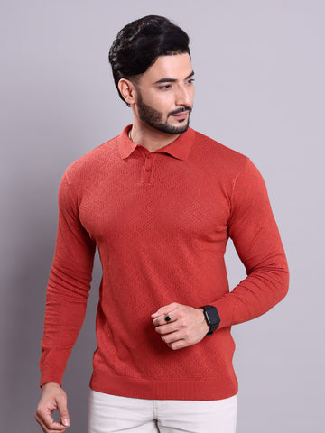 Men's Full Sleeve Collar Textured Knit Nativebull Sweatshirt - Red