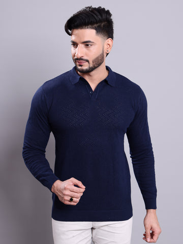 Men's Full Sleeve Nativebull Neck Casual Sweatshirt with Textured Knit Pattern - Navy Blue