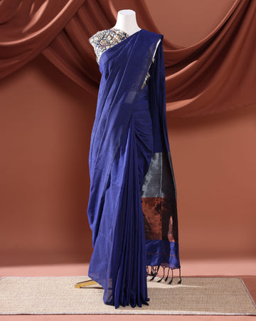 Khadi Cotton Saree with Subtle Solid Detailing and Textured Finish - Blue
