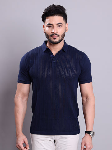 Men's Self-Design Knitted Nativebull T-Shirt with Textured Weave - Navy Blue