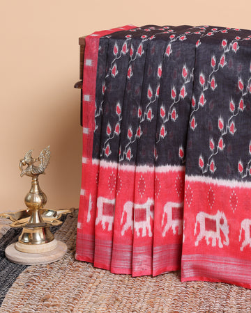 Traditional Ikkat Saree with Elephant Weave - Black