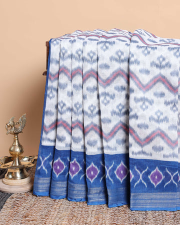 Elegant Off-White & Royal Blue Ikkat Cotton Saree