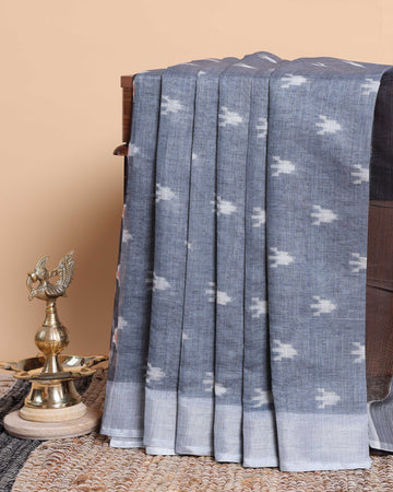 Elegant Ikat Saree with White Motifs - Grey