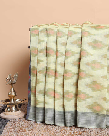 Elegant Light Yellow & Red Ikkat Cotton Saree with Contrast Border