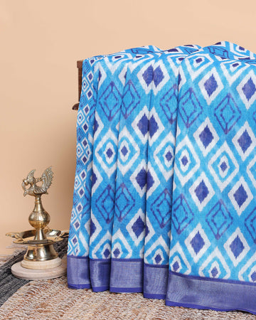 Elegant Ikat Saree with White Pattern - Blue