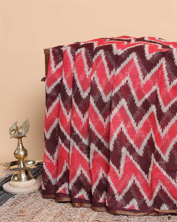 Handwoven Ikkat Saree With Chevron Design - Brown
