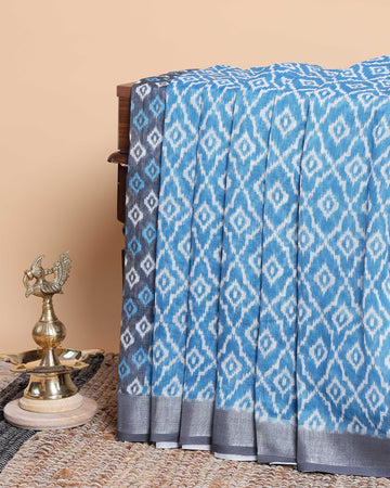 Geometric Ikkat Saree with Contrasting Border - Blue