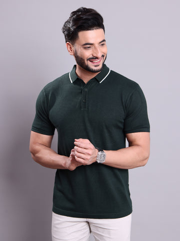 Men's Knit Nativebull T-Shirt with Contrast Tipped Collar and Half Sleeves - Green