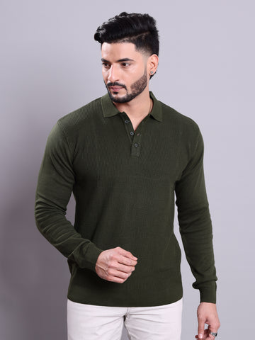 Men's Full Sleeves Textured Knit Nativebull Collar Sweatshirt - Green