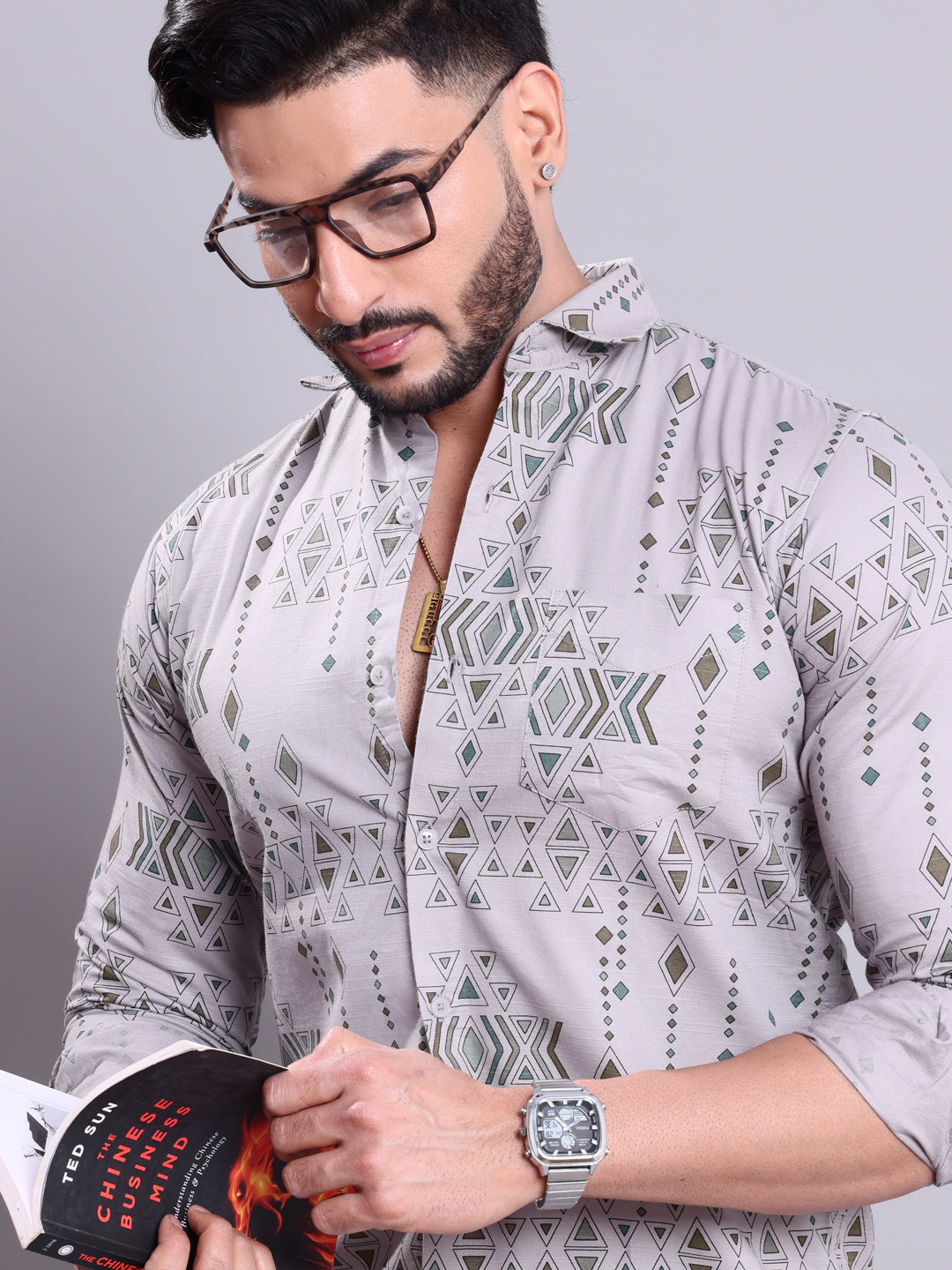 Rocx Men's Geometric Print Casual Shirt with Spread Collar & Full Sleeves - Light Grey