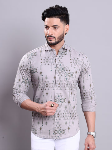 Rocx Men's Geometric Print Casual Shirt with Spread Collar & Full Sleeves - Light Grey