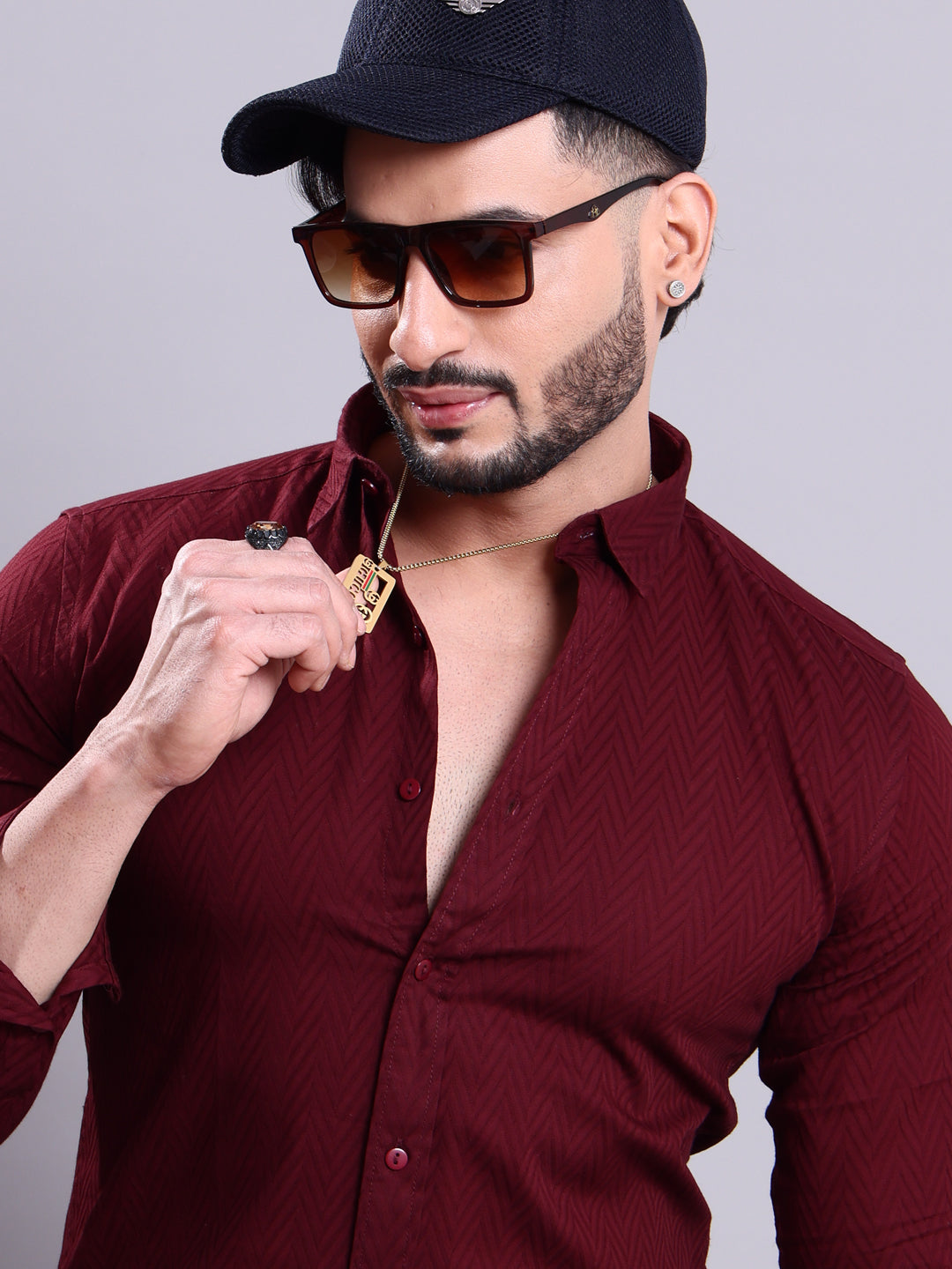 Nativebull Men's Textured Slim Fit Casual Shirt with Spread Collar and Full Sleeves - Maroon