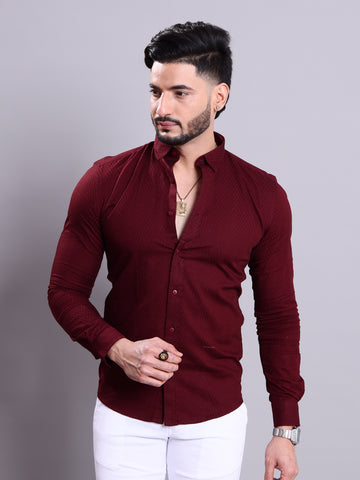 Nativebull Men's Textured Slim Fit Casual Shirt with Spread Collar and Full Sleeves - Maroon