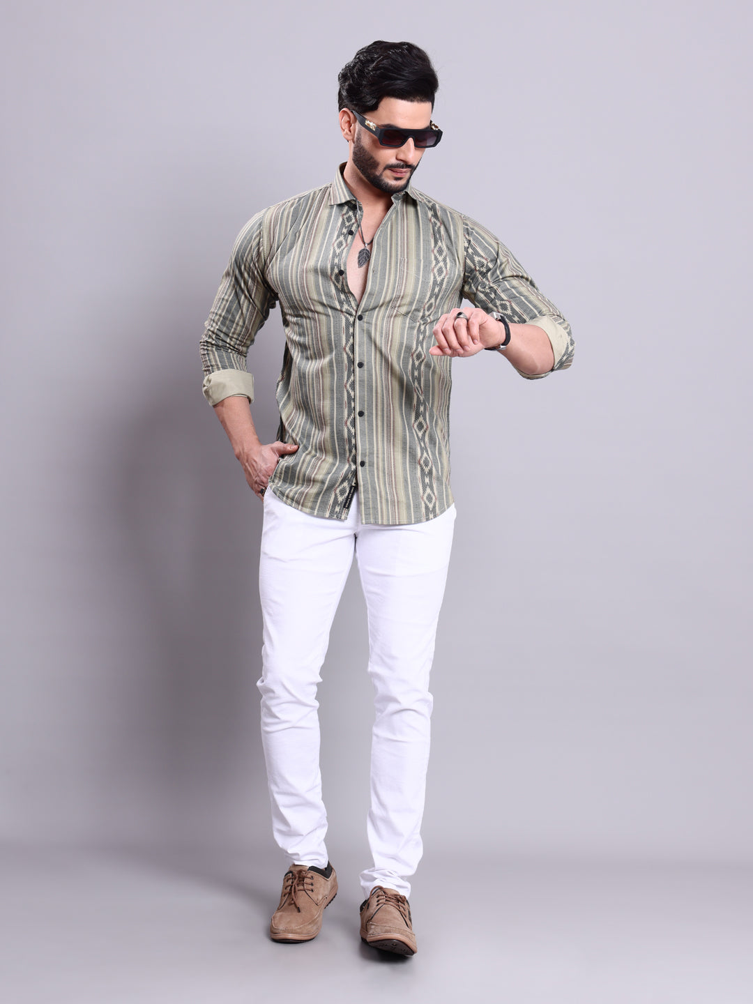 Rocx Men's Striped & Geometric Print Casual Shirt with Spread Collar and Full Sleeves - Multi