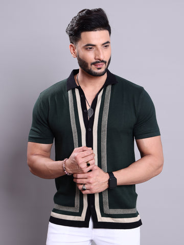 Men's Striped Knit Nativebull T-Shirt with Contrast Collar and Button - Green