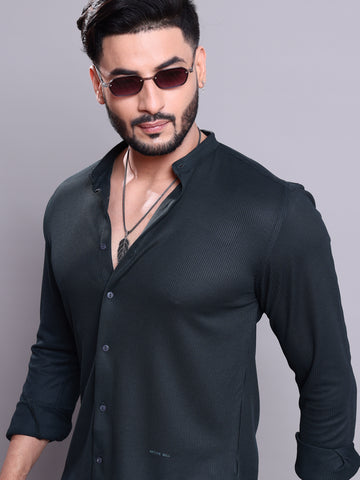 Nativebull Men's Textured Mandarin Collar Casual Shirt with Full Sleeves - Navy Blue