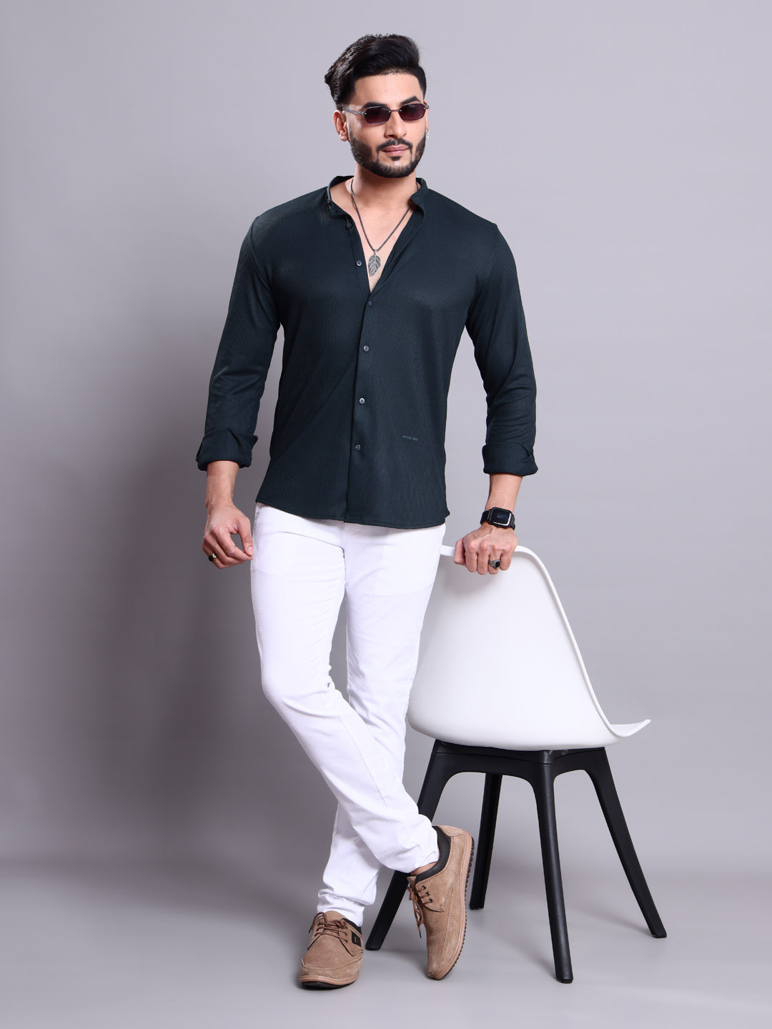 Nativebull Men's Textured Mandarin Collar Casual Shirt with Full Sleeves - Navy Blue