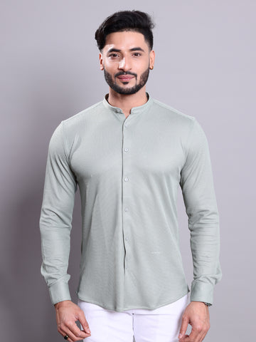 Nativebull Men's Textured Mandarin Collar Casual Shirt with Full Sleeves - Green