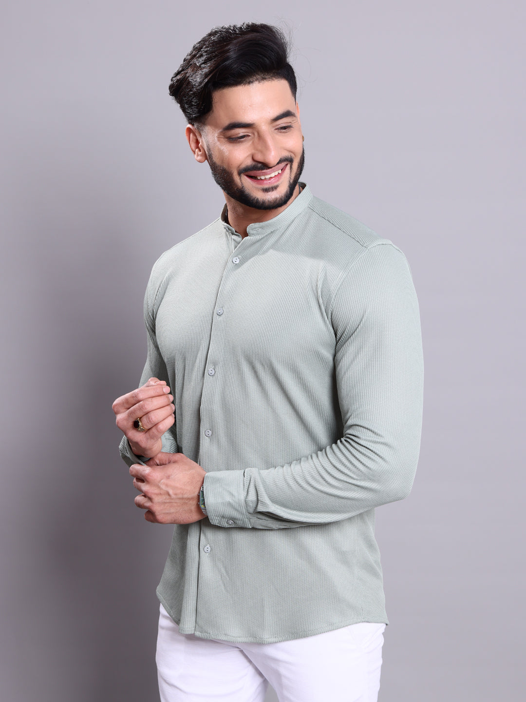 Nativebull Men's Textured Mandarin Collar Casual Shirt with Full Sleeves - Green