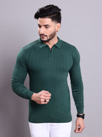 Men's Ribbed Knit Nativebull Collar Long Sleeve Sweatshirt with Half-Zip Closure - Green