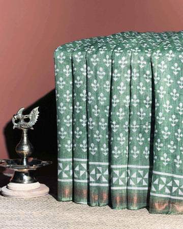 Artisanal Block Print Linen Cotton Saree - Green