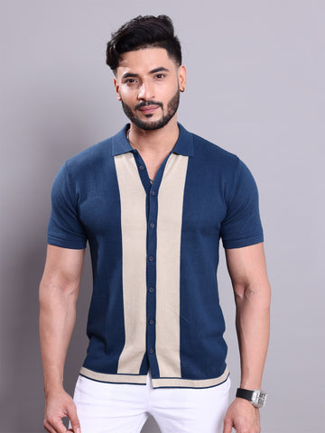 Men’s Nativebull T-Shirt with Structured Perforated Knit Design and Half Sleeves - Blue