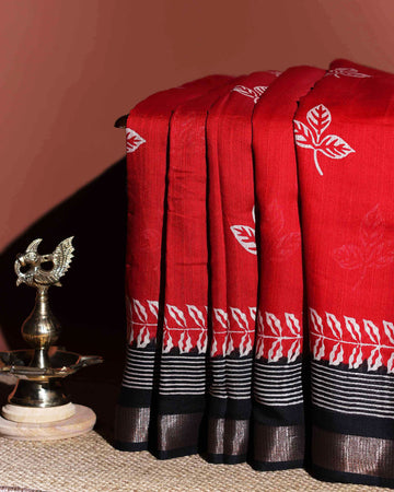 Elegant Linen Cotton Saree with Digital Print - Red