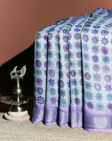 Printed Linen Cotton Saree with Floral Motifs - Multi