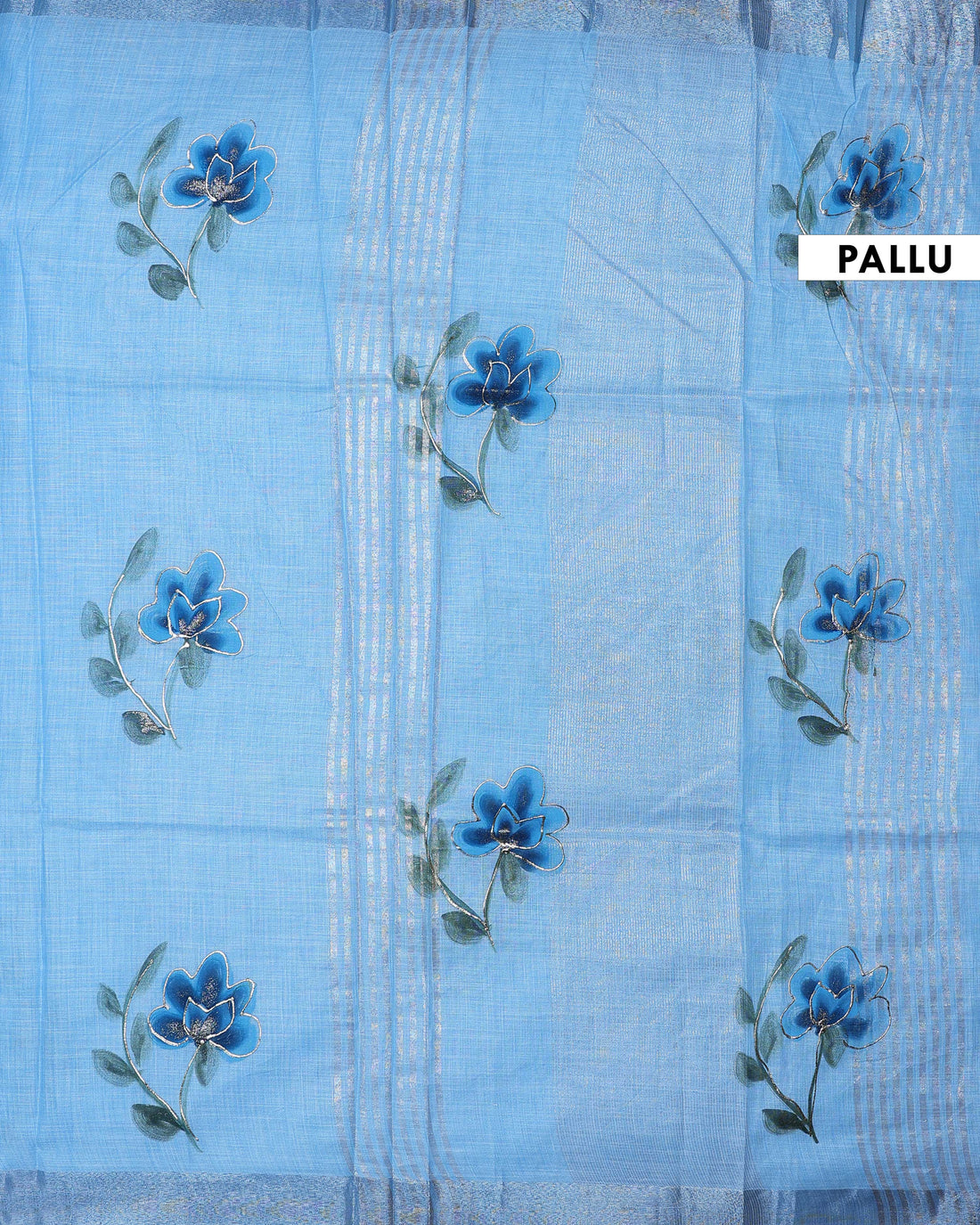 Elegant Linen Cotton Saree with Floral Motifs - Blue